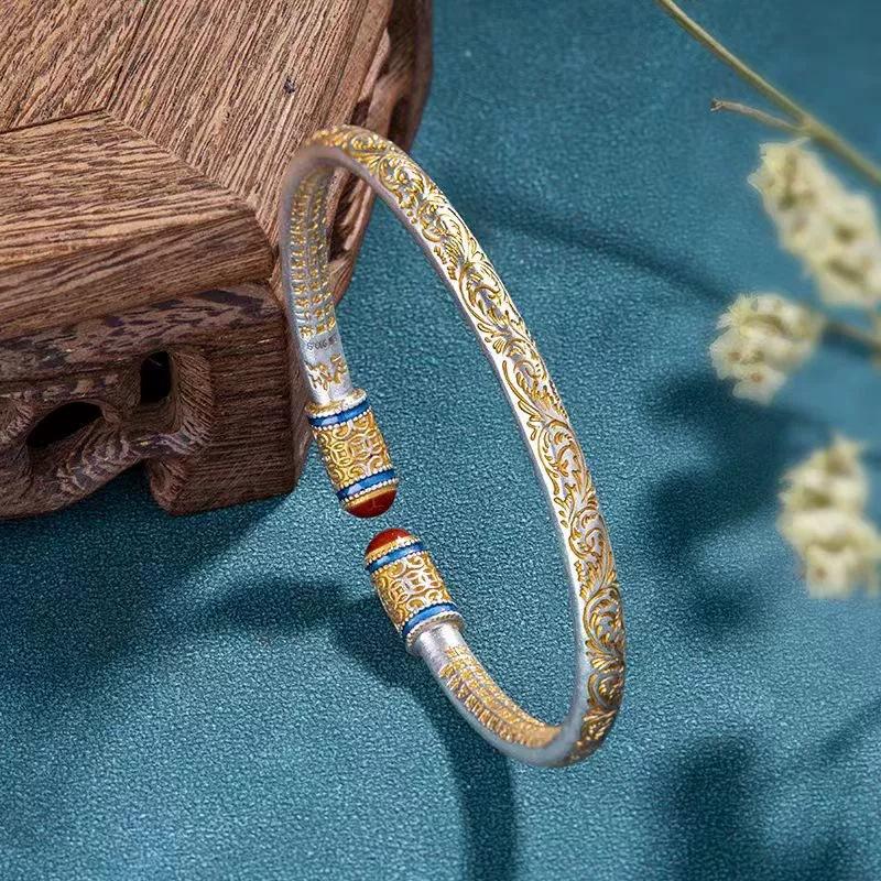 Popular Series Open-end sterling silver bracelet with gold-painted floral patterns and the Heart Sutra, symbolizing good fortune and auspiciousness