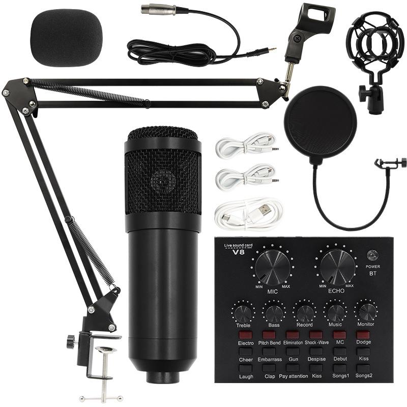 BM800 Condenser Microphone Set with V8 Sound Card, Boom Arm, and USB for Live Streaming and Mobile Use.