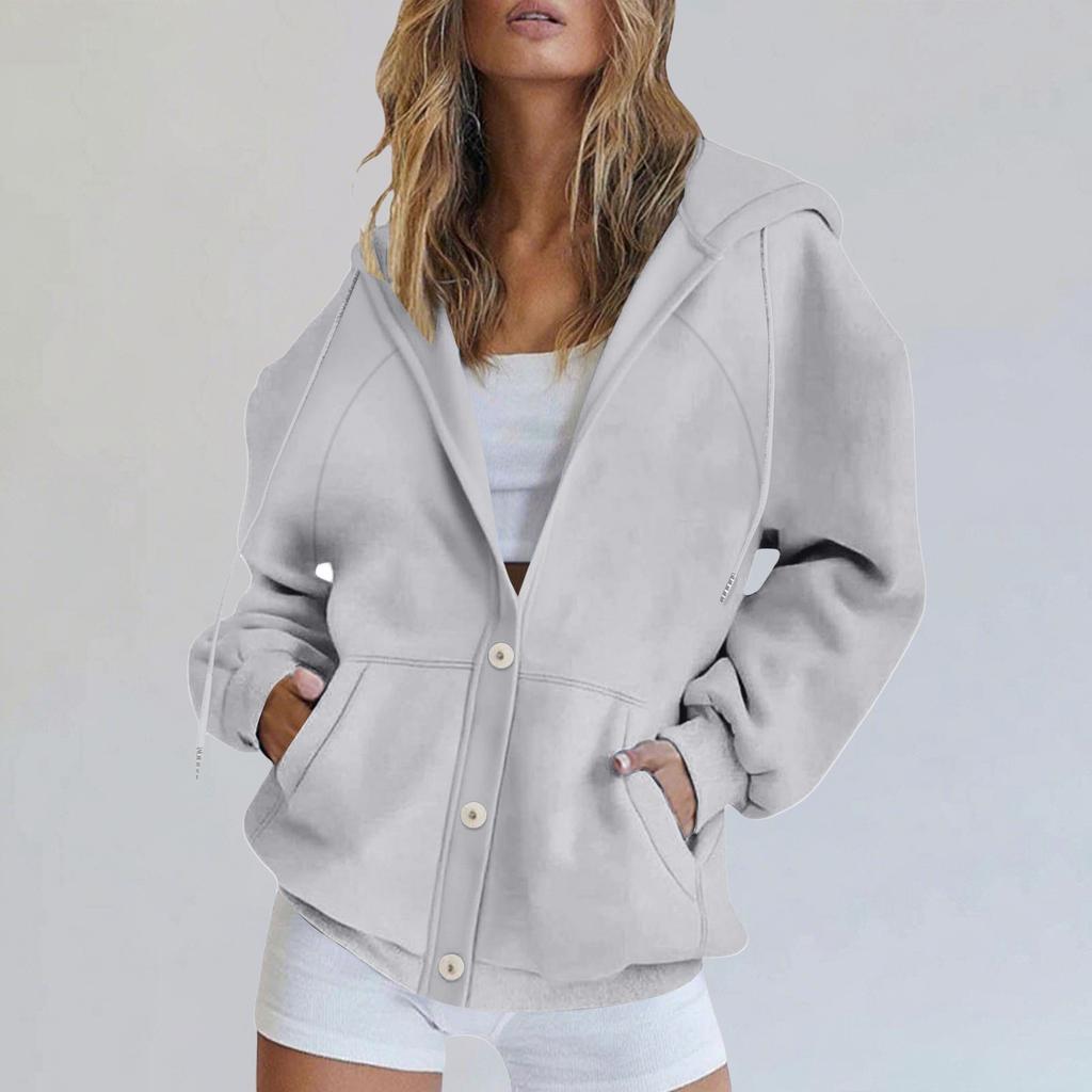 Women's Fashionable Loose Casual Cardigan Button Drawstring Hooded Sweatshirt