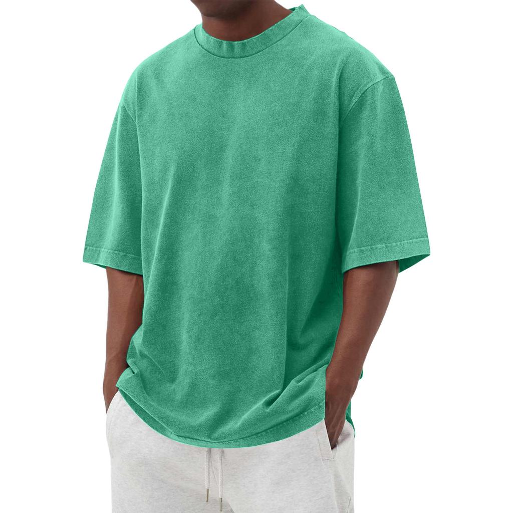 T-shirt Homme Manches Courtes Col Rond Coton Coupe Ample Vintage Lavé Classique Style Décontracté Haut