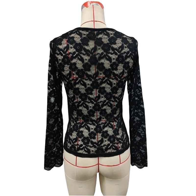 V-Ausschnitt Fächerförmiger Kragen Einlagiges Einfarbiges Langarm-T-Shirt Aus Spitze Slim Fit Schlankmachendes Oberteil Für Damen T-Shirts Damen