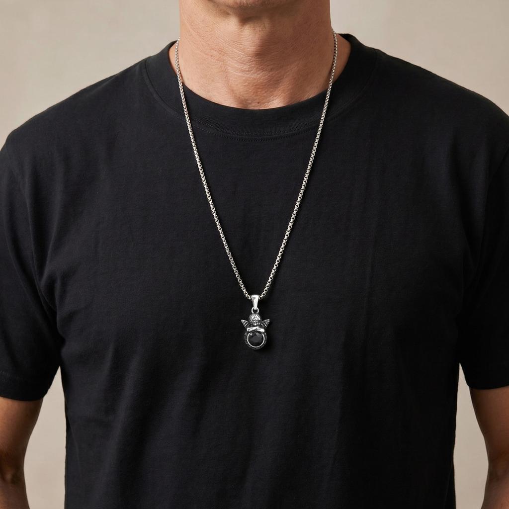 Xiaomi Vnox Angel Pendant Necklace for Men, Stainless Steel Tiger Eye Black Stone Box Chain, Party Birthday Graduation Jewelry Gift