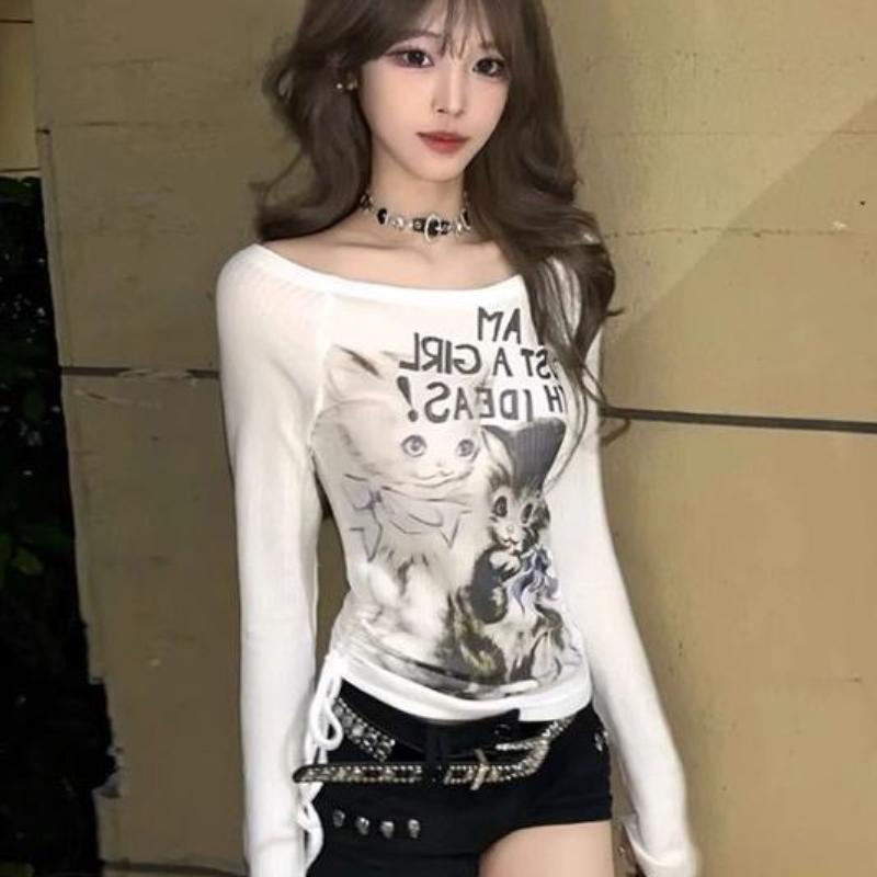 

Топы Y2K для девочек, футболки с длинным рукавом, милые футболки с мультяшным принтом для женских футболок XL