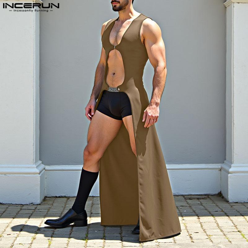 INCERUN Men U Neck Sleeveless Cutout Button Casual Long Tanks Cardigan