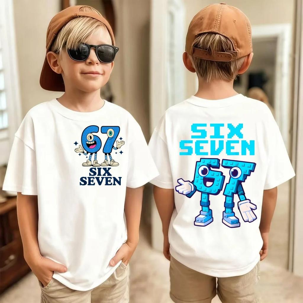 Six Seven Kids  Tees Tops Childrens Meme Crew Neck Cotton Short Sleeve T Shirt Funny 67 Brainrot Print TShirt for Boys Girls