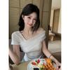 Spice girl pure desire wind mesh splicing splicing slanted shoulder short sleeve T-shirt women's summer slim foreign style chic top ins tide