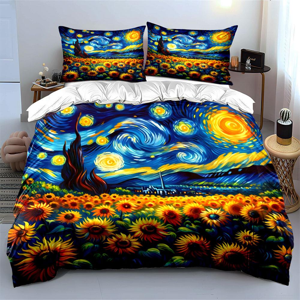 Van Gogh Starry Night Sunflowers Bedding Duvet Cover Set  (1*Duvet Cover 2*Pillowcases, Without Duvet Insert)
