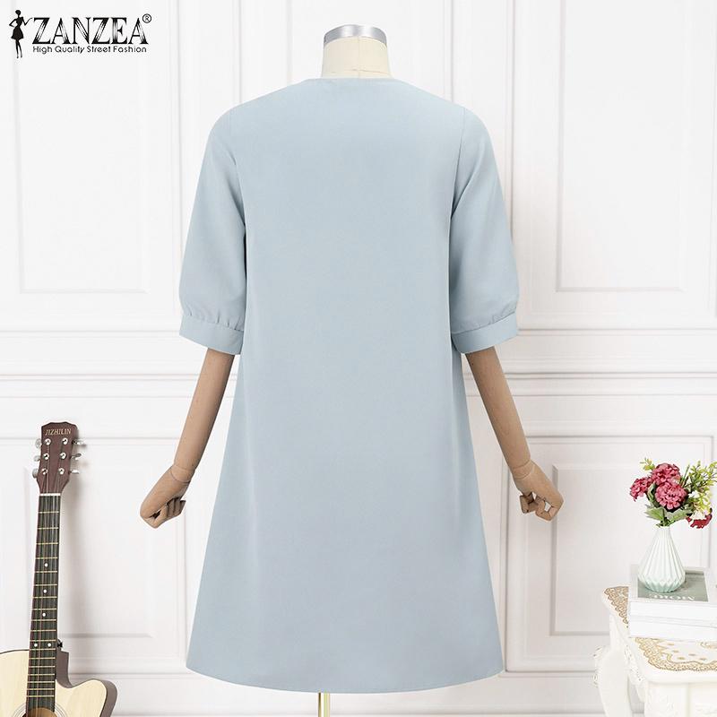 ZANZEA Women's V-neck 3/4 Sleeves Buttoned Pleated Solid Color Loose Dress