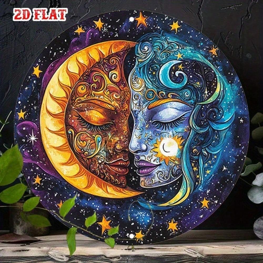 Sun Moon Metal Wall Art, Round Aluminum Sign, Celestial Starry Sky Decor