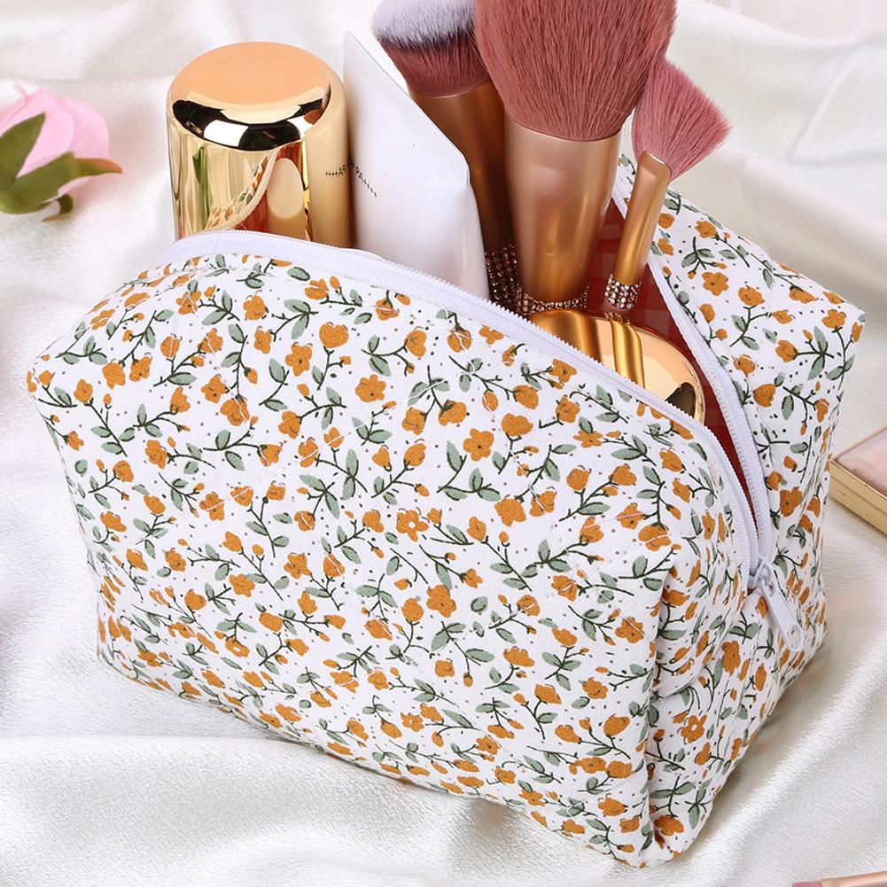 2PCS Cute Travel Toiletry Bag Large Capacity Cotton Makeup Brushes Storage Bag Quilted Makeup Bag with Zips for Women
