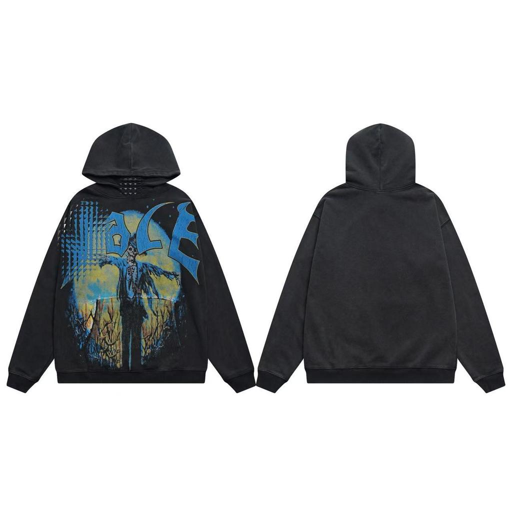 25SS high quality VAL beauty high street retro washing water old white ink direct injection hoodie men and women the same sweater