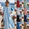 New Style Solid Color Square Neck Lace Patchwork Long Skirt Dress with Seven-Sleeves for Women