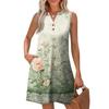 Women's Fashion Casual Printed V-Neck Button With Pocket Vest Sleeveless Dresses