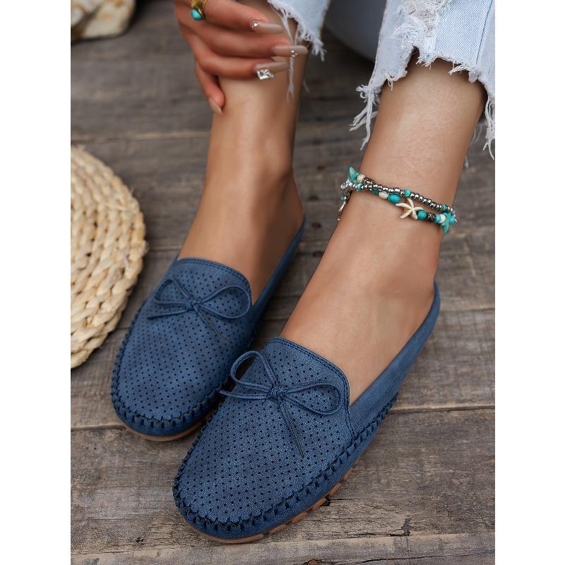 Women's Retro Bow Flat Mules - Soft, Comfortable, Breathable Slip-On Sandals in Pink Perforated PU Cover with TPR Sole and Fabric Lining