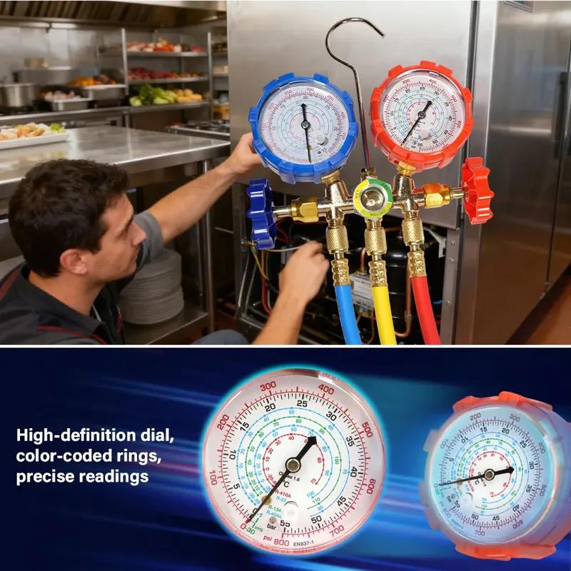 Pro 3 Way AC Diagnostic Manifold Gauge Set with Complete Hose and Hook Kit Advanced Refrigerant Testing Tool for R134A R22 R404A
