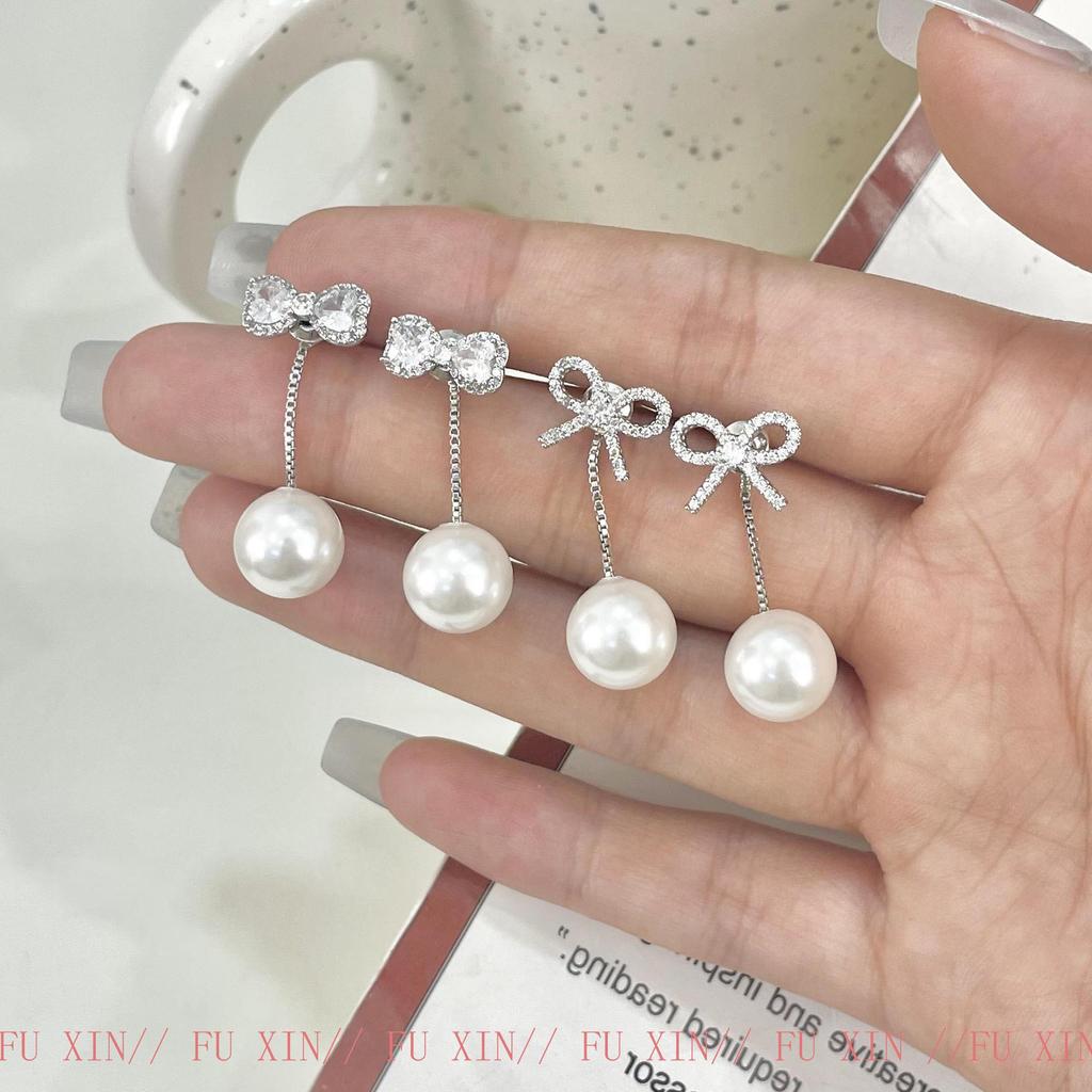 Pearl Bowknot Tassel Earrings, Luxury Elegant Heart Studs for Women.