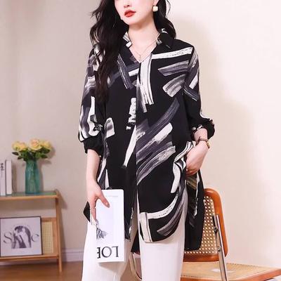 Long Sleeved Shirt for Outerwear Undershirt Top Women's Shirt Printed Mid Length Spring and Autumn