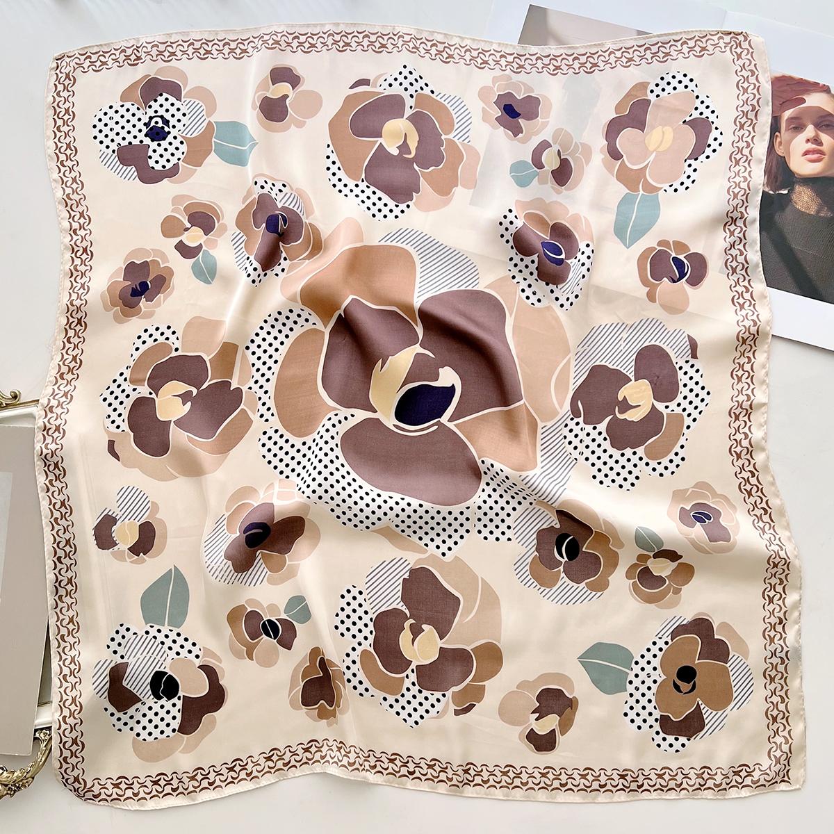 

Цветочный Имитация Шелкового Шарфа Женский Летний Защищающий от Ветра Шаль Продвинутый Чувственный Иностранный Стиль Маленький Квадратный Шарф Повязка на Голову Шарф 66cm