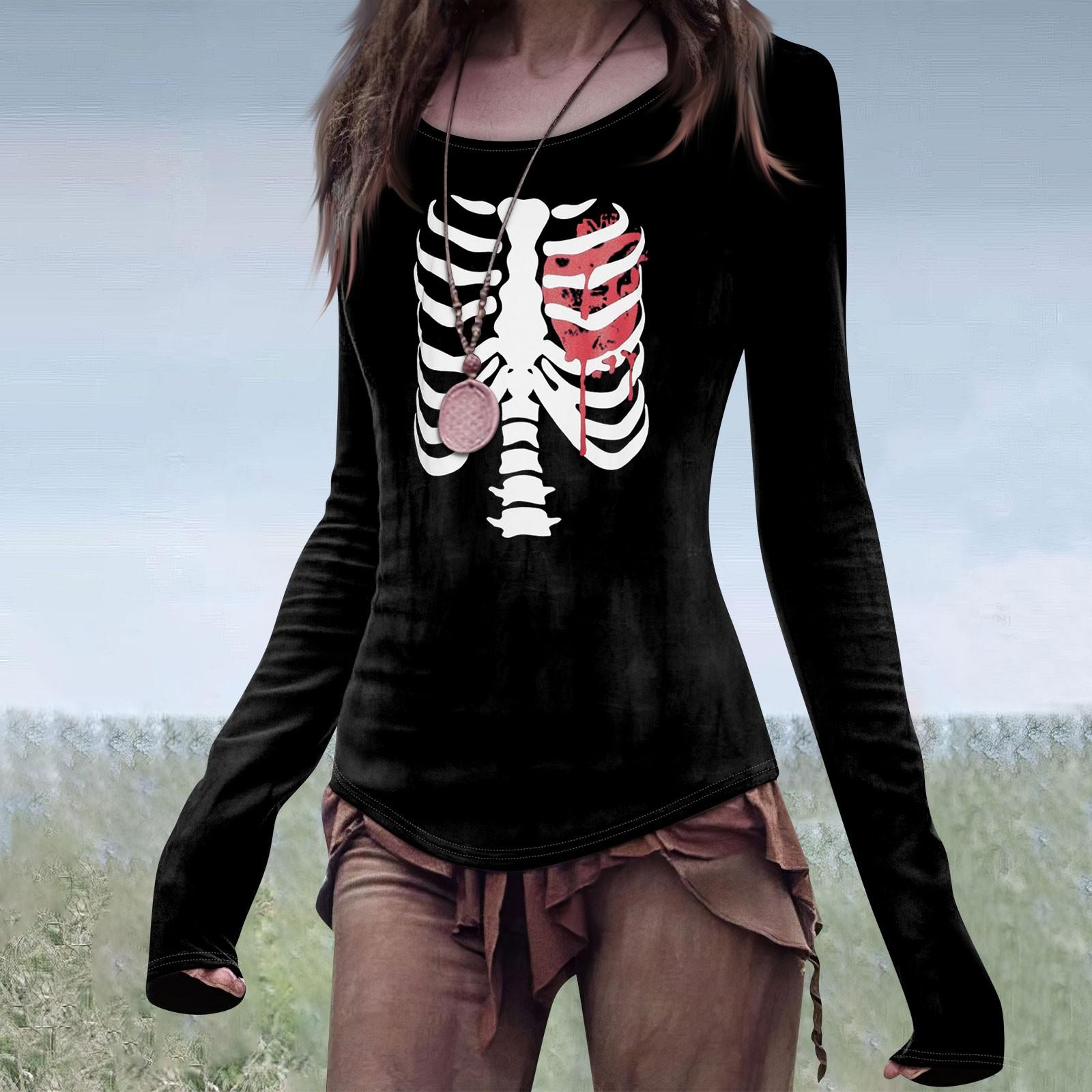 

Женская мода повседневный Mori Slim с длинным рукавом Хэллоуин принтованный круглый вырез обычный топ L