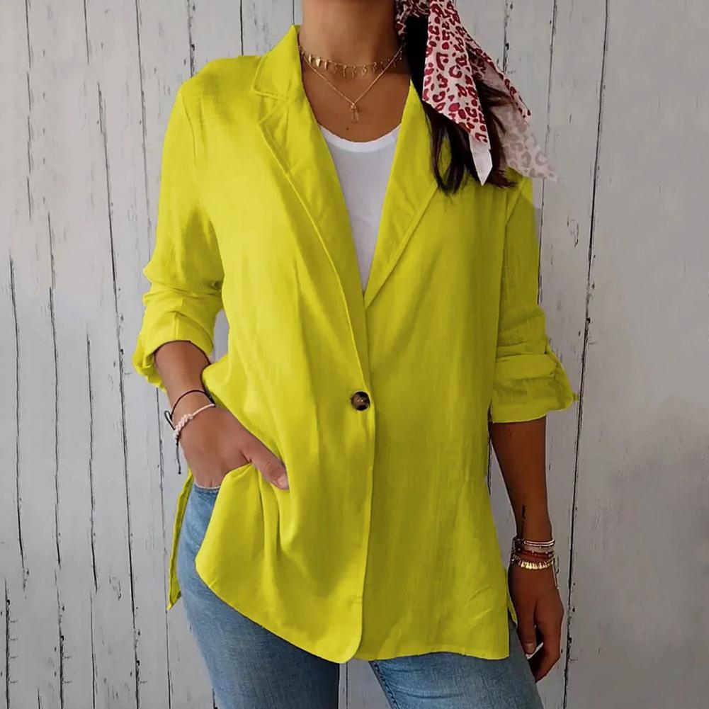 Women Suit Coat Lapel Long Sleeve Single Breasted Suit Jacket Side Slit Hem Single Color One Button Business Outwear