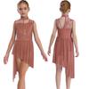 Girls Sleeveless Mock Neck Leotard Dress – Asymmetrical Shoulder Floral Lace with Rhinestones, Irregular Hem for Lyric Dance