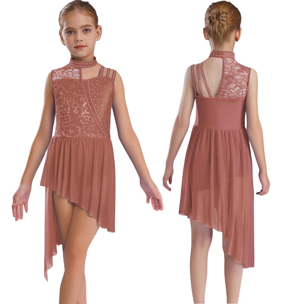 Girls Sleeveless Mock Neck Leotard Dress – Asymmetrical Shoulder Floral Lace with Rhinestones, Irregular Hem for Lyric Dance