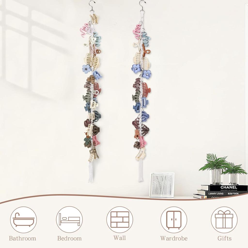 SNOWSTAR Macrame Hair Claw Clip Organizer with Rotating Hook and 20 Metal Rings,Hanging Hair Clip Holder and Storage for Women Girls,Claw Clips