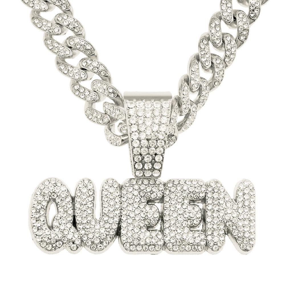Men Hip Hop KING QUEEN Letter Pendant Necklace with 13mm Miami Cuban Chain Iced Out Bling HipHop Necklaces Fashion Women Jewelry
