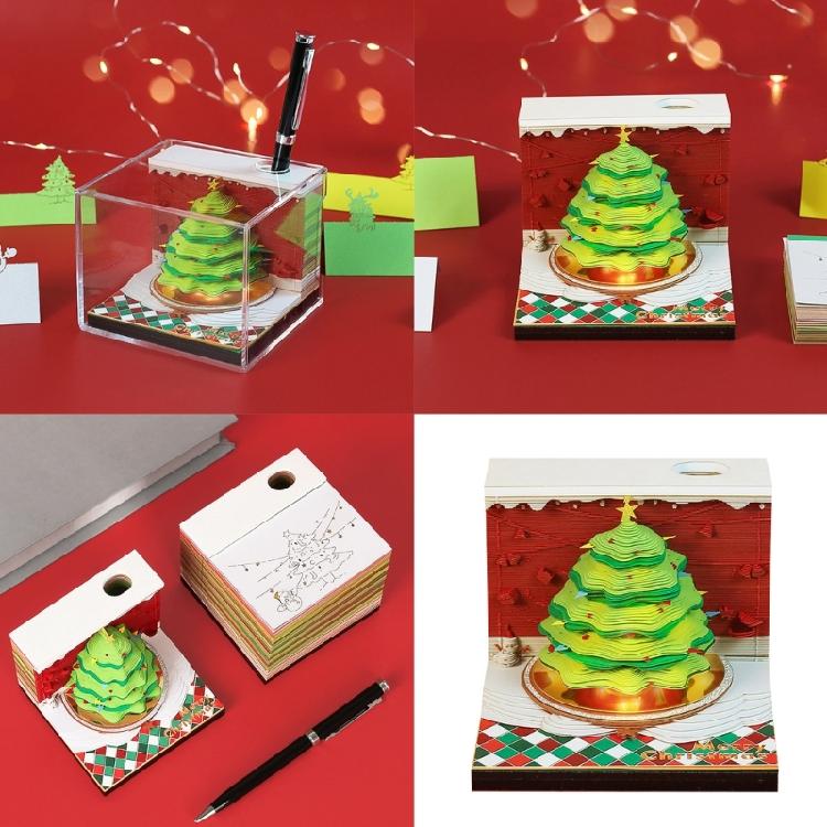 Christmas 3D Paper Carving Art Note Pad Tearable Page for Desk Ornament, Paper Sculpture Notepads with Pencil Holder
