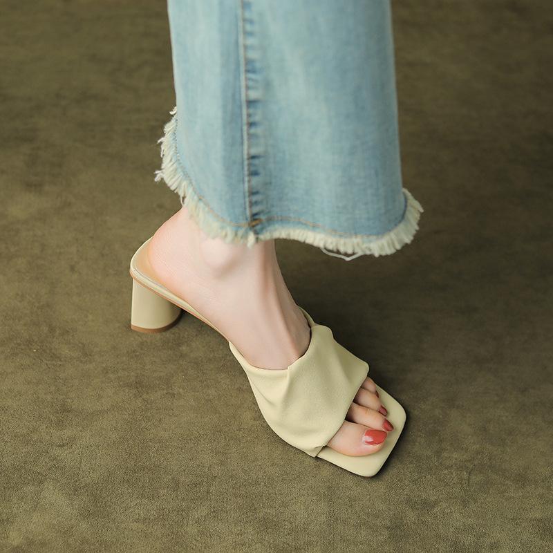 2024new Simple Slippers Women Thick Heel All-match Casual High Heeled Slippers Summertime Comfortable Square Toe Slippers