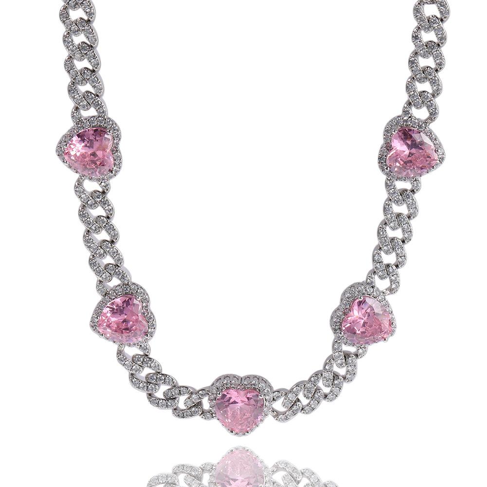 New Heart Splicing Necklace Hip Hop Personality 9MM Sweet Pink Zircon Cuban Chain Spice Girl Accessories