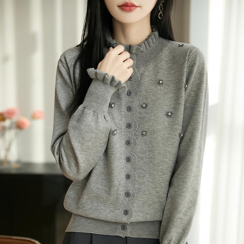 2026 Spring Women's Knitwear: Lace Ruffle Collar Cardigan Sweater, Button-Up Coat, Korean Style