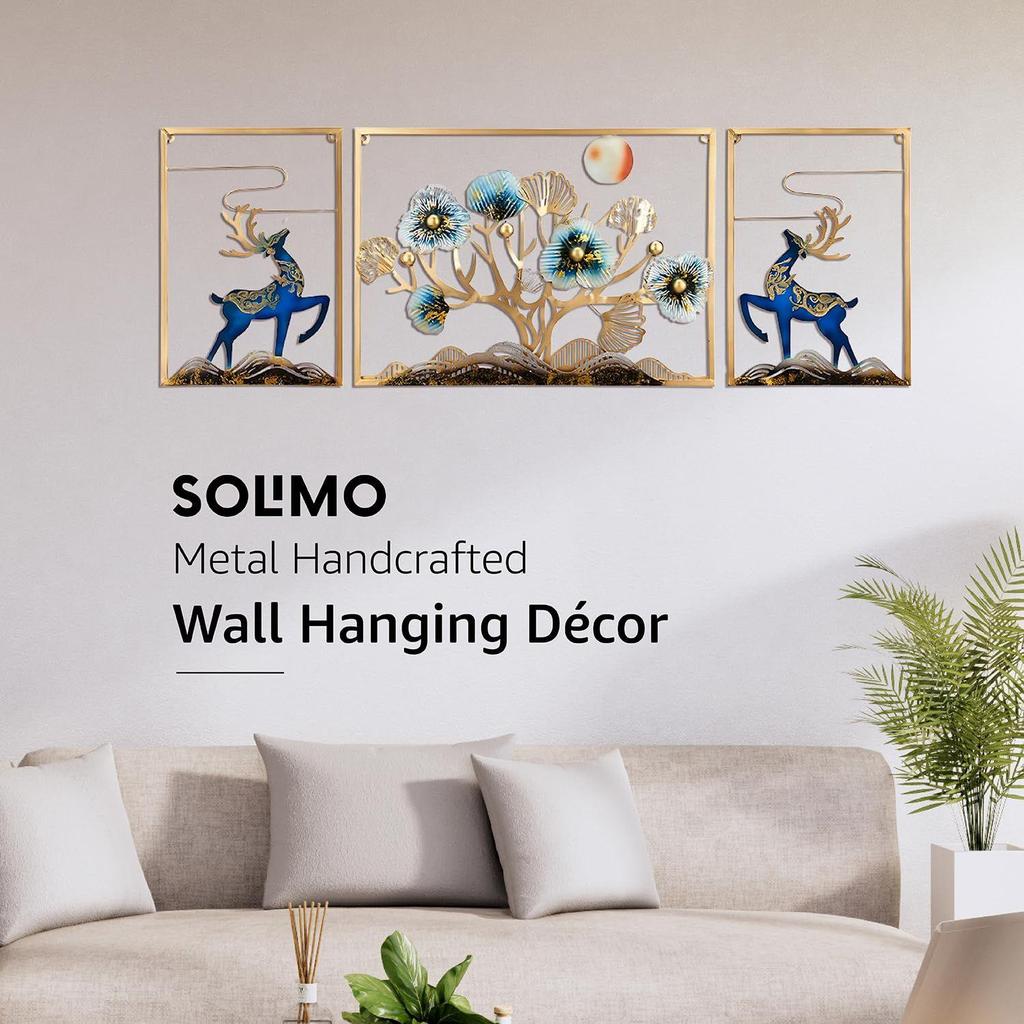 Leaves and Deer Metal Wall Décor | Nature-Inspired Iron Wall Hanging |  Wall Hanging | Wall Décor | Easy Installation | 120 x 50 cm | Set of 3