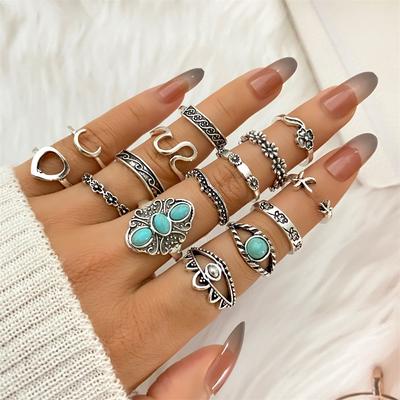 15 adet/takım estetik Vintage yüzük seti kişilik Punk yüzük seti gotik yüzükler kadınlar için Boho takı