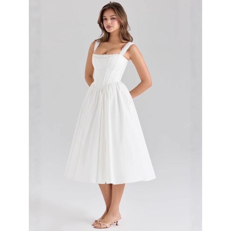 Summer New Niche Waist Back Lace-up Thin Versatile Thin White Dress