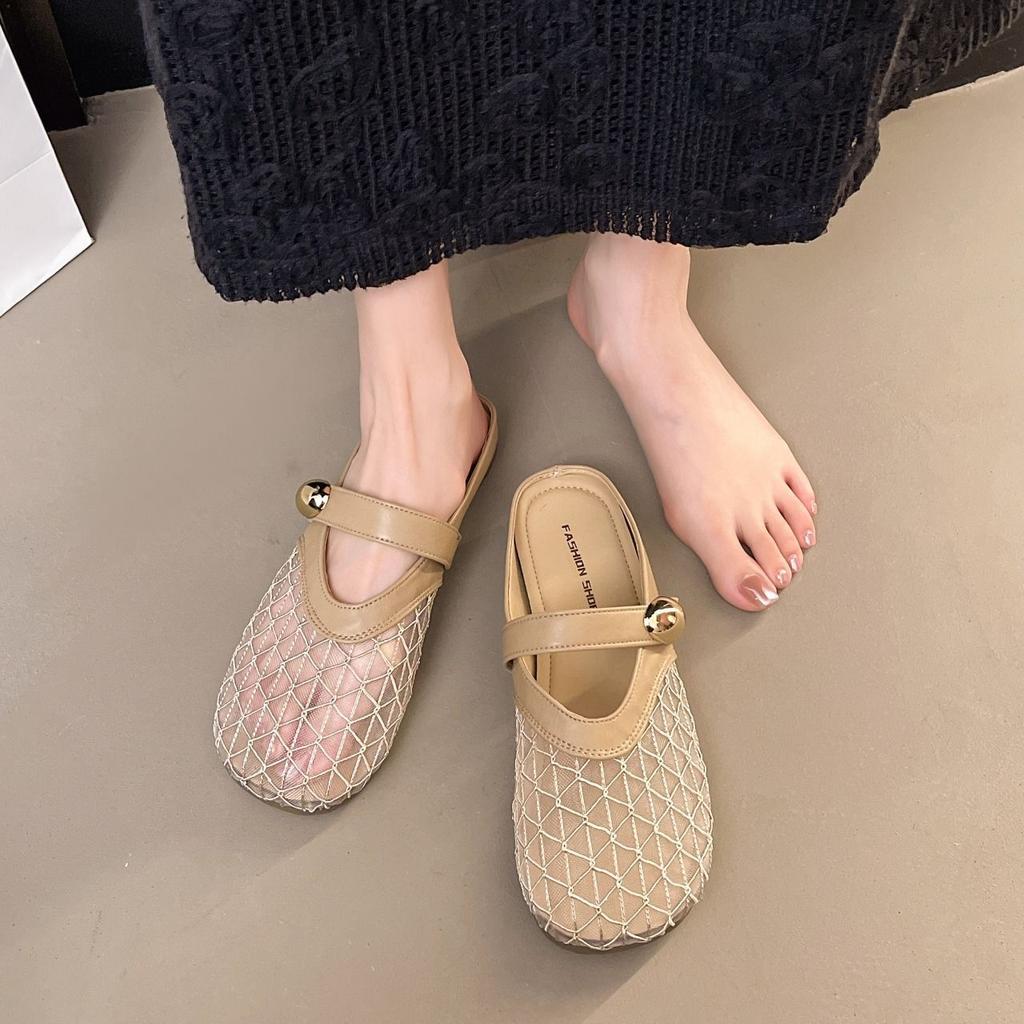 Ultra light French flat bottom mesh breathable bag head half slippers women's summer wear 2025 new non-slip with skirt sandals