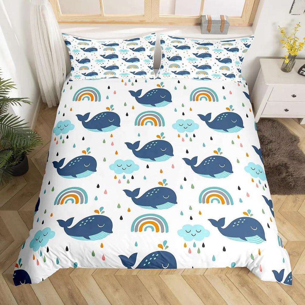 Blauer Bettbezug mit Meereswalen, King-Size-Bett, Cartoon-Meerestiere, Kinderbettwäsche-Set, Küstenstrand, Bettbezug, Meereswellen, Bettbezug