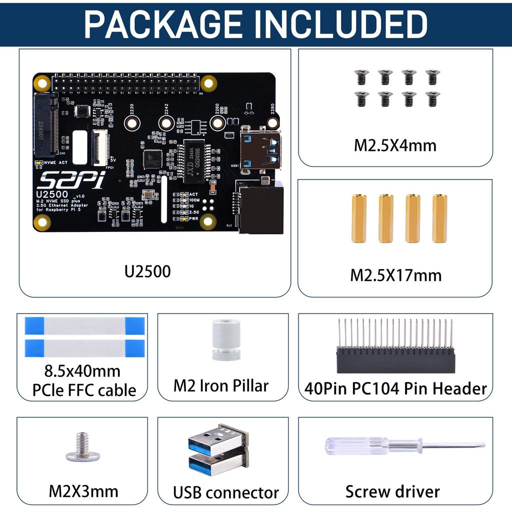 The GeeekPi M.2 NVMe SSD Plus 2.5G Ethernet Adapter is a W01 U2500 Hat expansion board for the Raspberry Pi 5. This board features an NVMe SSD