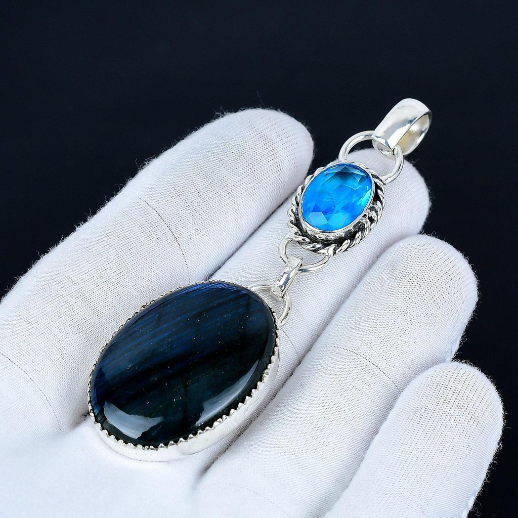 Labradorit Hänge, 925 Sterling Silver Handgjorda Smycken, Blå Topaz Silverhänge, Fest Smycken för Dam, Hänge Förlovningspresent