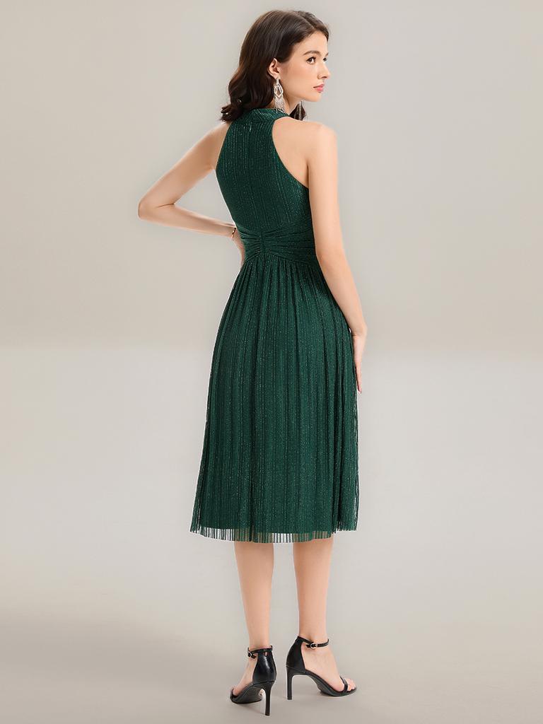 Ever-Pretty Women's Glitter Halter Cocktail Dresses Sleeveless Pletaed A-Line Midi Evening Dresses