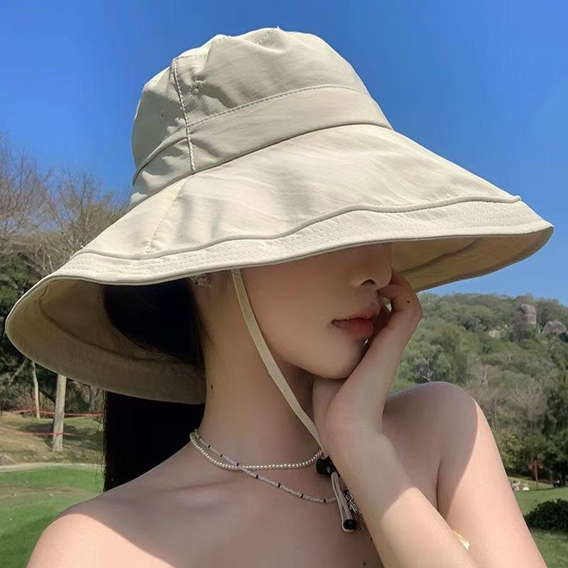 Outdoor solid color drawstring climbing hat casual versatile bucket hat summer big brim quick drying sun hat