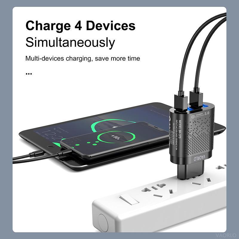 VAORLO 3A Charging Port Fast Charger 4 USB Port LED Light Quickly Charge EU US Plug 48W Charging