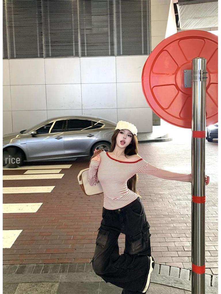 Koreański Jednoramienny Pasiasty Długi Rękaw Dopasowany Codzienny Damski Top