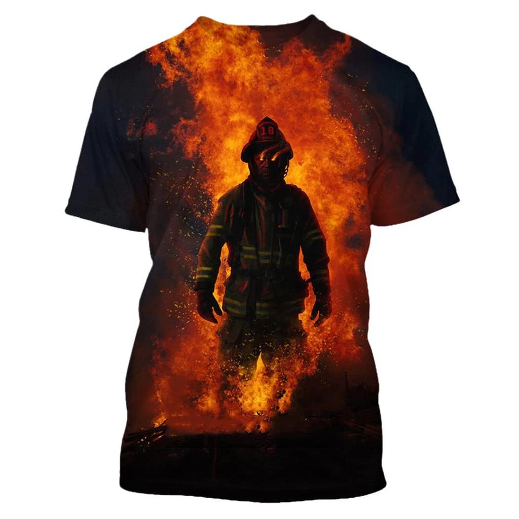 Summer Round Neck 3D Firefighter Print Top Fashionable Casual Short Sleeved Men's T-shirts