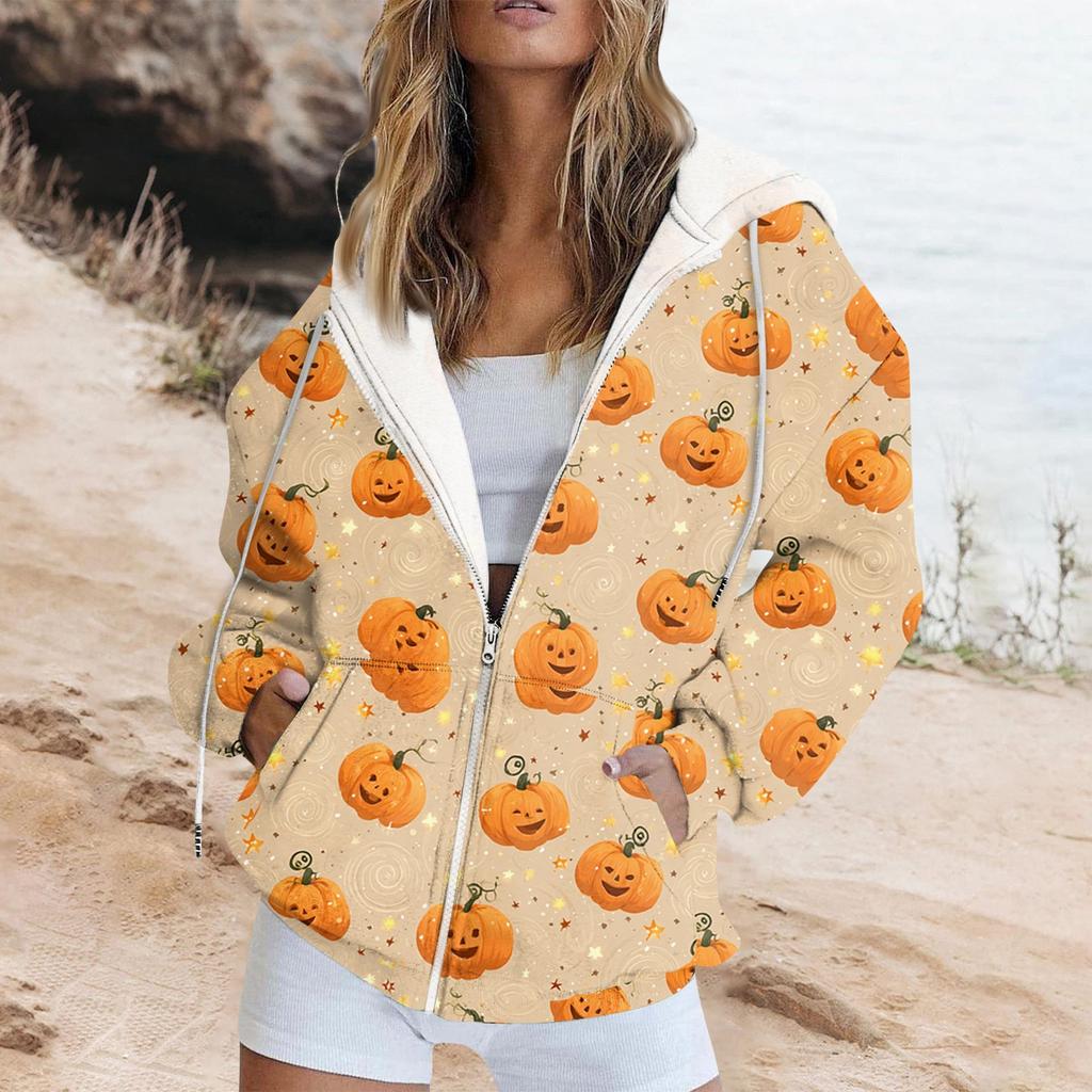 Women's Fashion Casual Halloween Printed Sweatshirt Long Sleeve With Pocket Cardigan Jacket Zipper Hoodie Coat