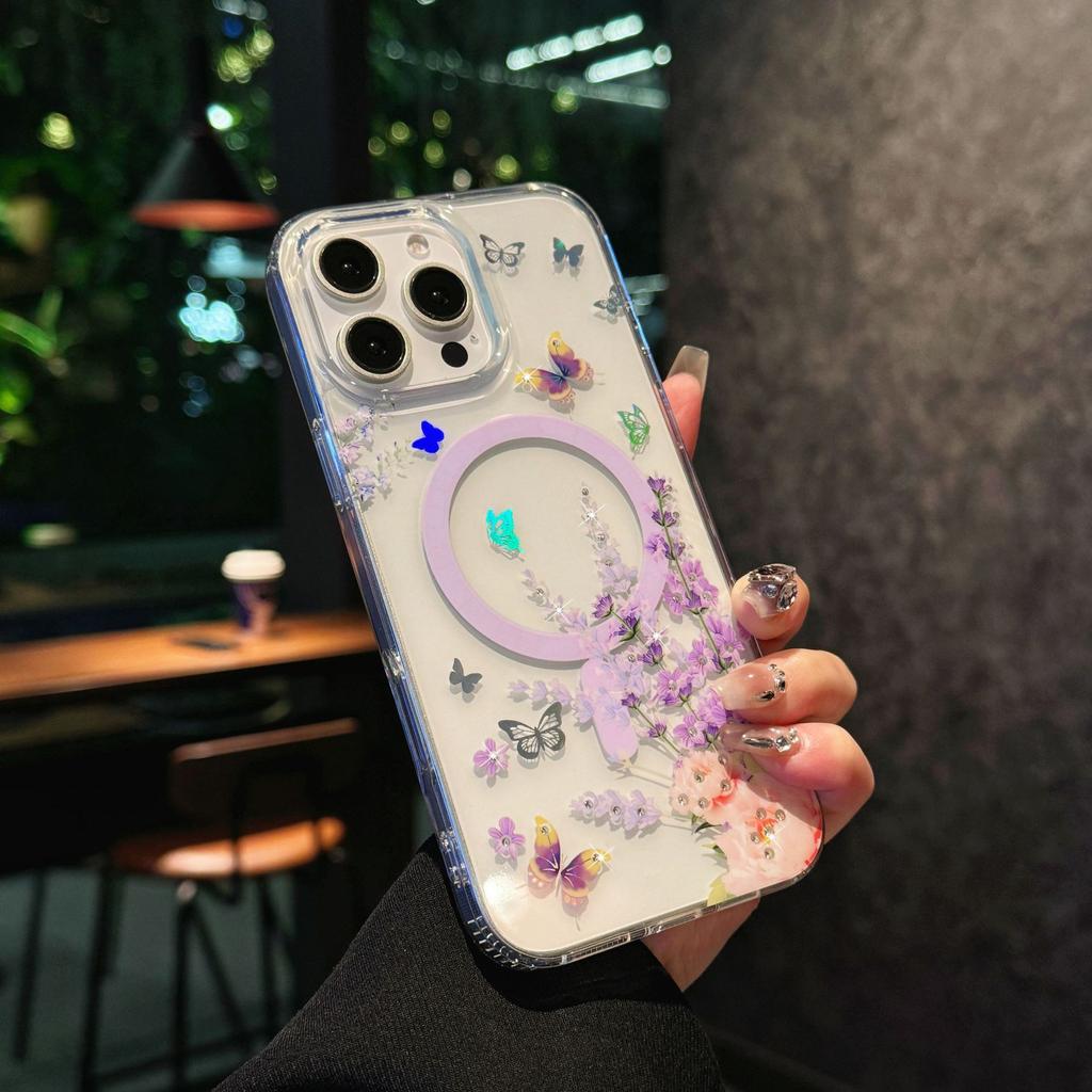 For IPhone 17 ProMax Laser Color Change N52 Magnetic Phone Case for Apple 16 Transparent Cherry Blossom Protective Cover