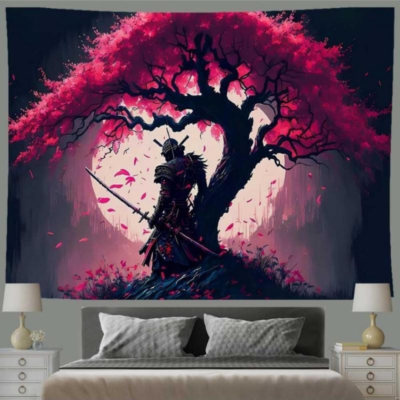 Japanese Samurai Tapestry for Bedroom Aesthetic Full Moon Cherry Blossom Tree Warrior Asian Oriental Room Wall Art Japan Art for 74x94cm(29x37in)
