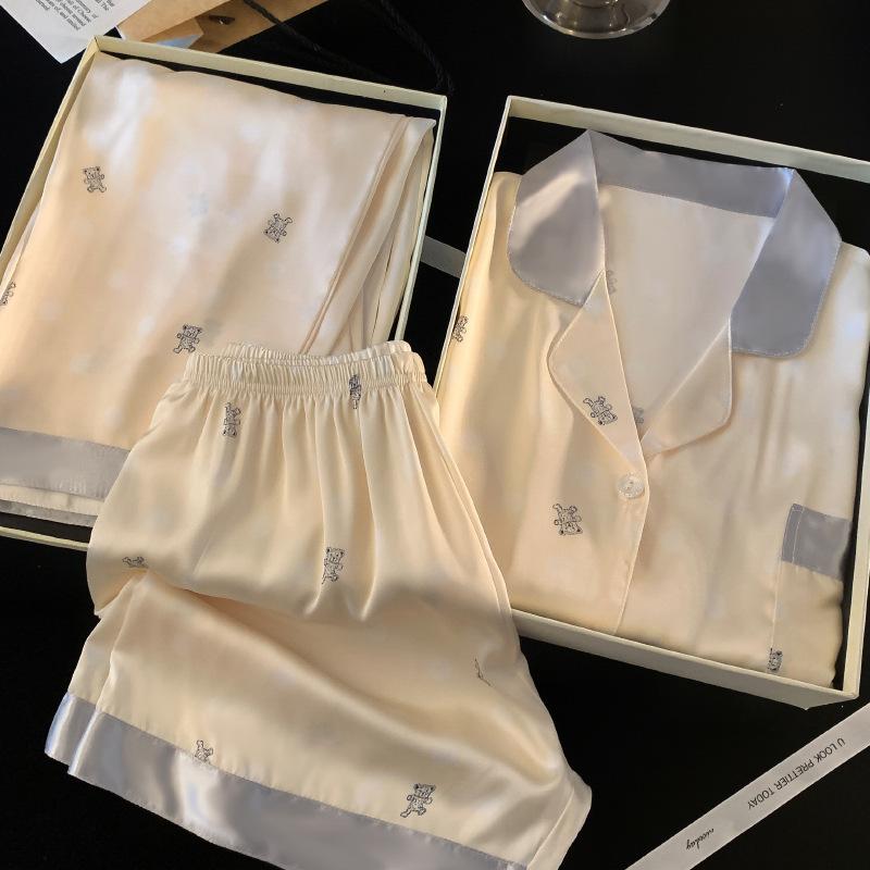 

Повседневный кардиган, женская домашняя пижама из трех предметов, весенне-летняя, из ледяного шелка, с коротким рукавом, с принтом мишки M