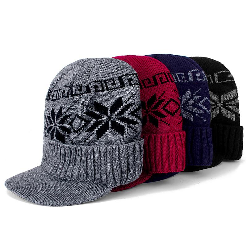 Fur Quality High Lined Add Brim Winter Hats Casual Beanies Hat For Men And Women Snowflake Design Acrylic Knitted Hat