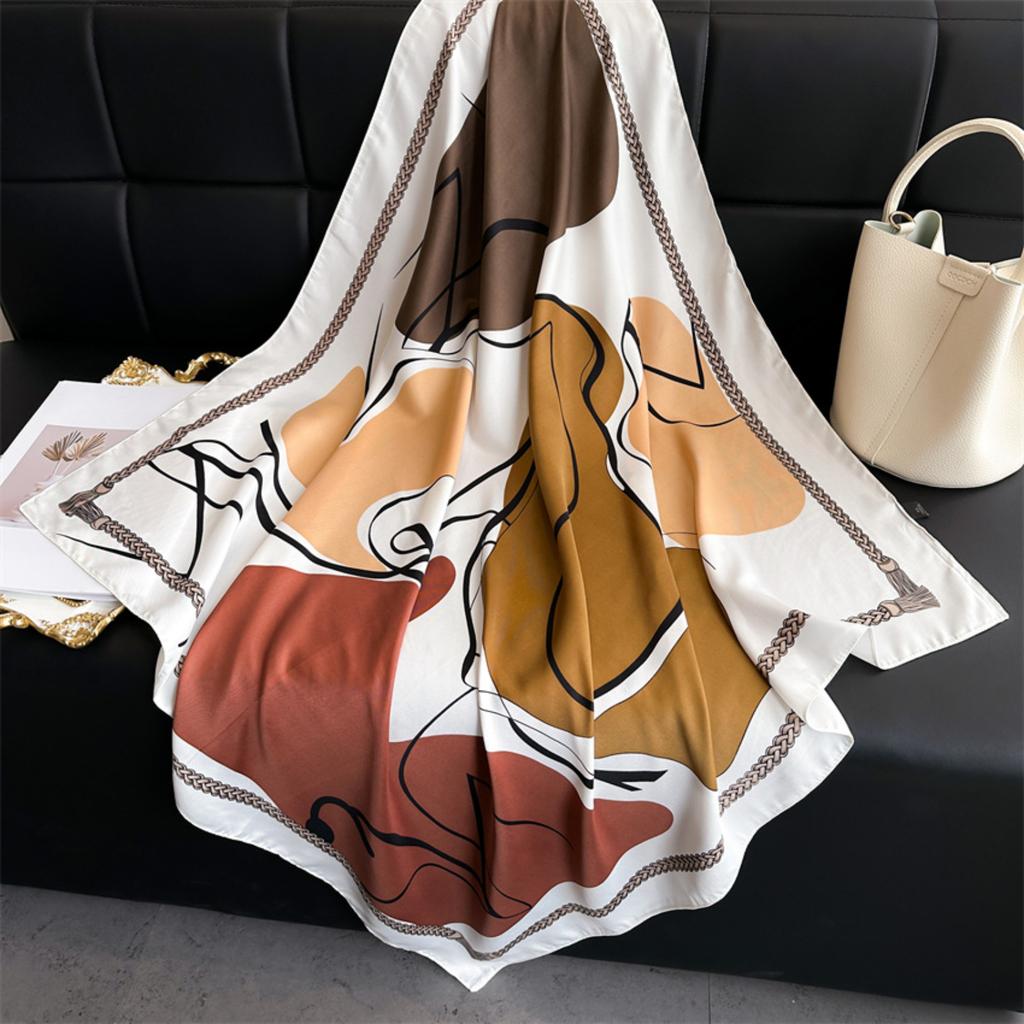 Color Block Printed Silk Scarf 90cm Twill Scarf Korean Version Of The All, Large Square Scarf Sunscreen Shawl Headscarf Women